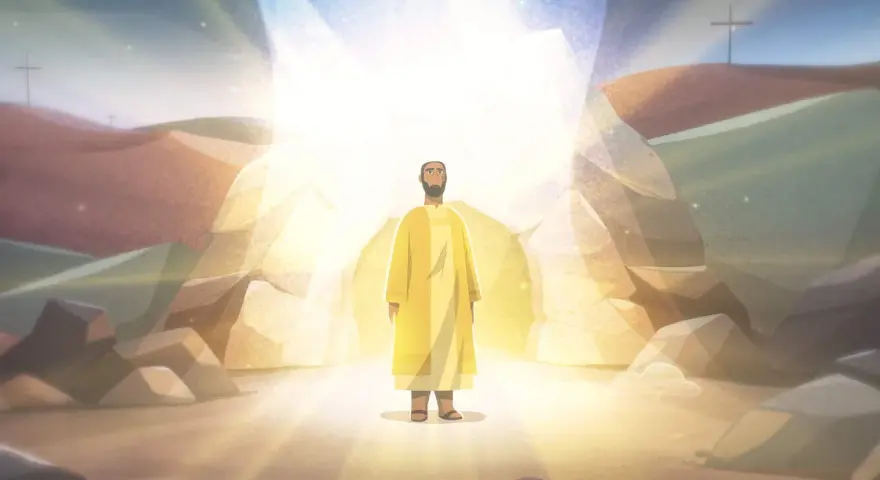 A man in a yellow robe stands in a bright, rocky cave, bathed in divine light. This scene evokes the 7th Sunday of Easter, a time of resurrection and hope.