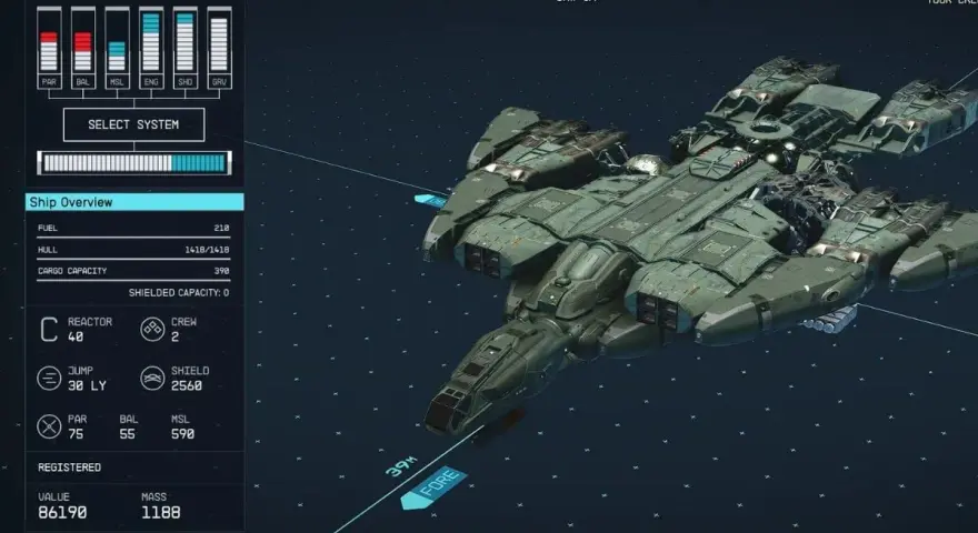 Una nave "Pelican" de Starfield, con detalles de sus sistemas y estadísticas.