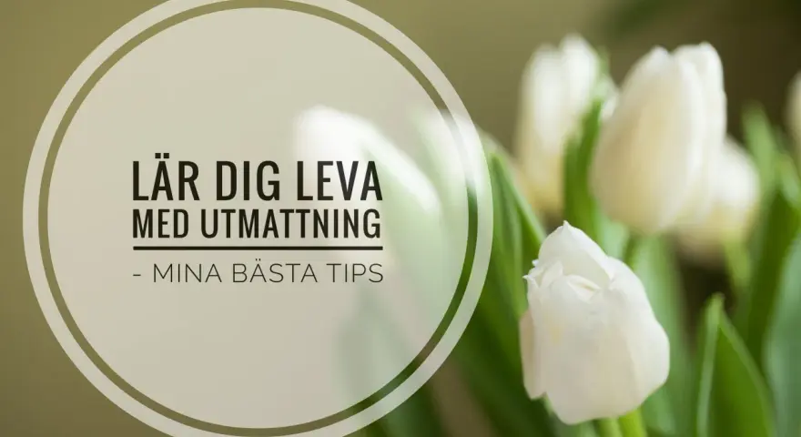 Vita tulpaner och texten "Lär dig leva med utmattning - mina bästa tips". En påminnelse om att ta hand om sig själv, särskilt vid utmattningssyndrom och sjukskrivning.