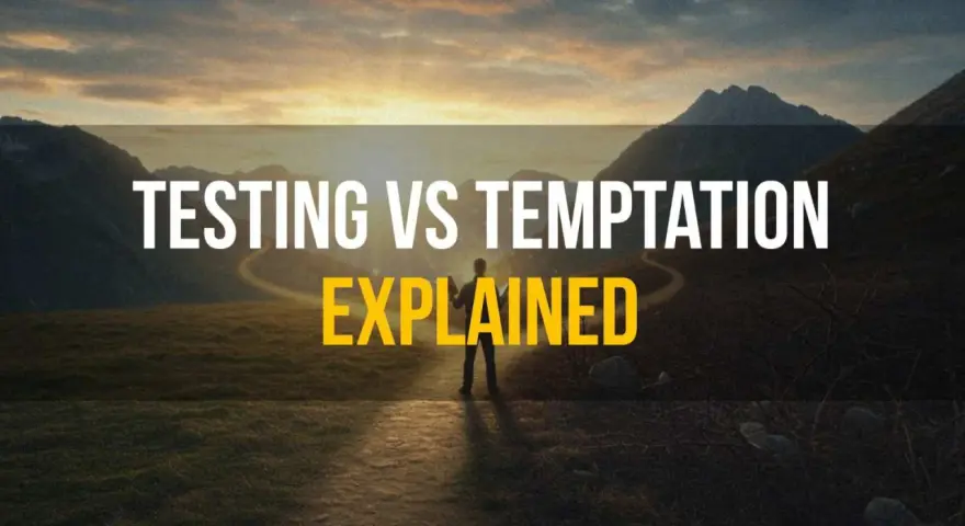 A lone figure stands on a path in a mountainous landscape at sunset, with text overlay: "TESTING VS TEMPTATION EXPLAINED." Does God test us?