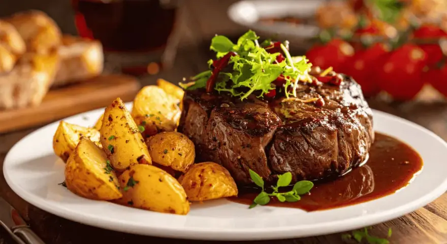 Un plat appétissant de filet mignon de porc, accompagné de pommes de terre rôties et d'une sauce riche. Parfait pour des recettes de filet mignon de porc.