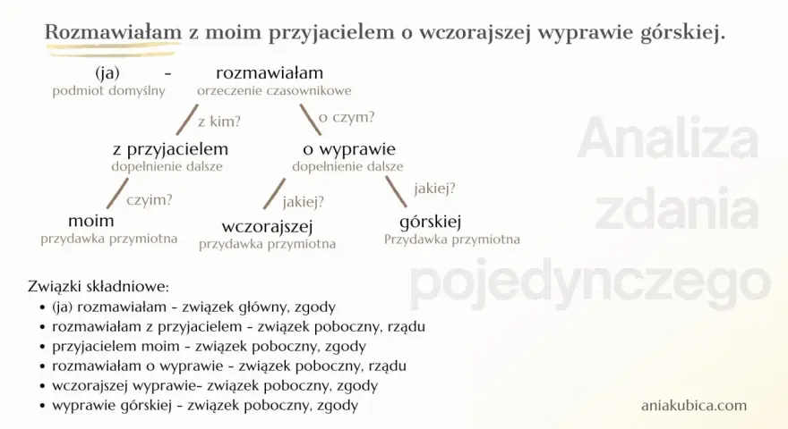 Schemat analizy zdania pojedynczego: "Rozmawiałam z moim przyjacielem o wczorajszej wyprawie górskiej.