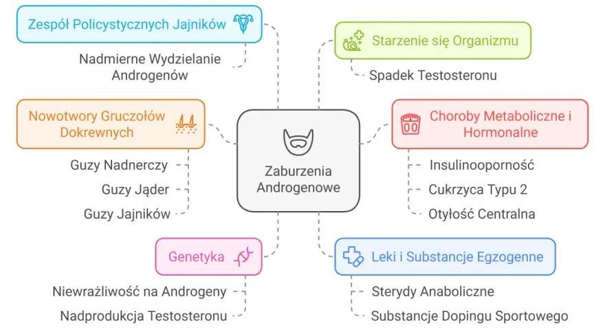 Mapa przyczyn zaburzeń androgenowych: PCOS, nowotwory, starzenie, choroby metaboliczne, genetyka, leki.