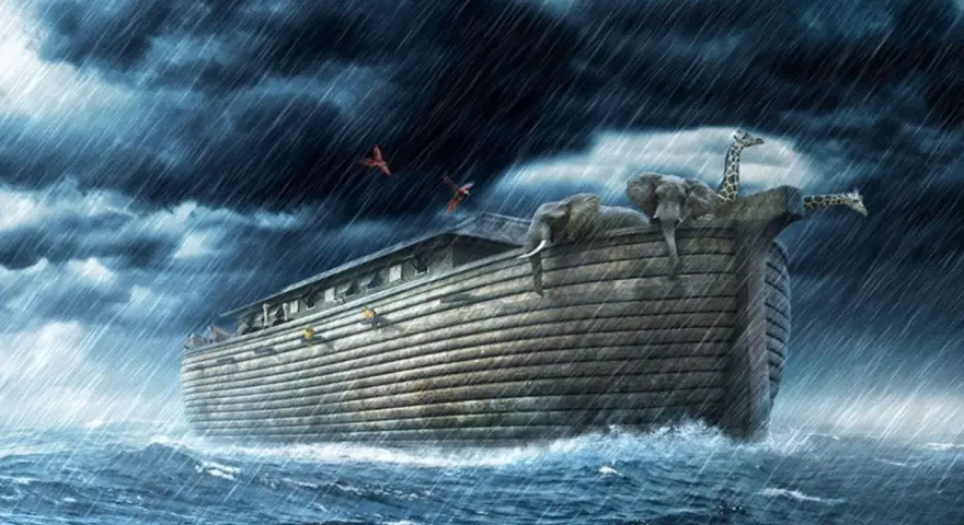 Noah's Ark, laden with animals like elephants and giraffes, braves a torrential downpour. The image evokes the long wait, wondering how long was Noah in the ark during the great flood.
