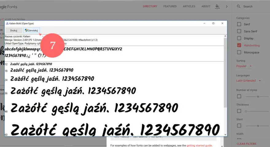 Okno dialogowe Google Fonts z podglądem czcionki Kalam Bold i przyciskiem "Zainstaluj".