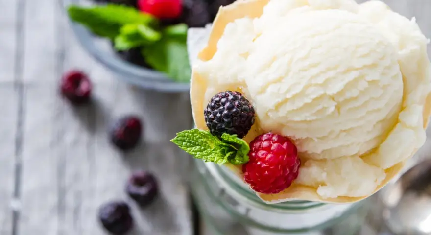 Cremiges Joghurteis selber machen: Eine Portion mit frischen Beeren und Minze, daneben eine Schüssel voller Brombeeren und Himbeeren.