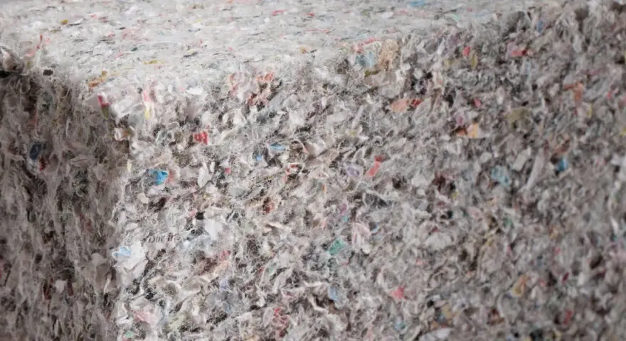 Materiały budowlane: celuloza ocieplenie z recyklingu, tworzące zwartą, włóknistą strukturę z kolorowymi fragmentami.