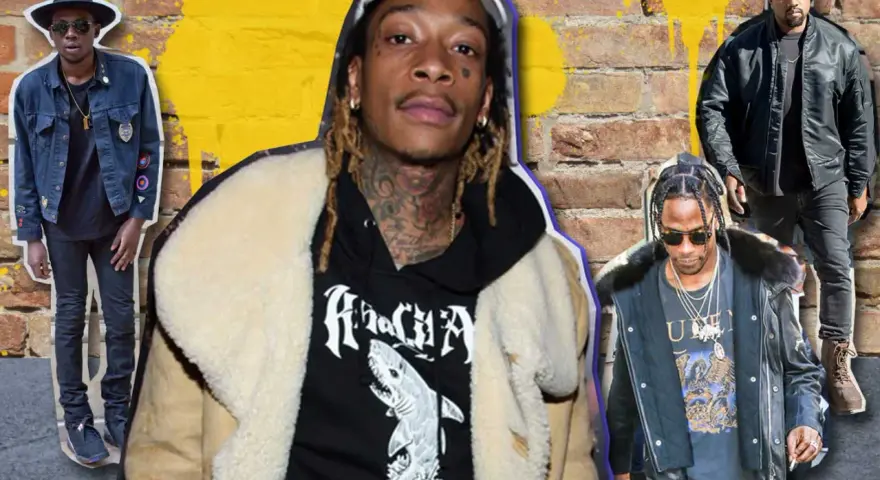 Wiz Khalifa, Travis Scott, Kanye West i inni raperzy w stylowych kurtkach, gotowi na uliczny vibe.