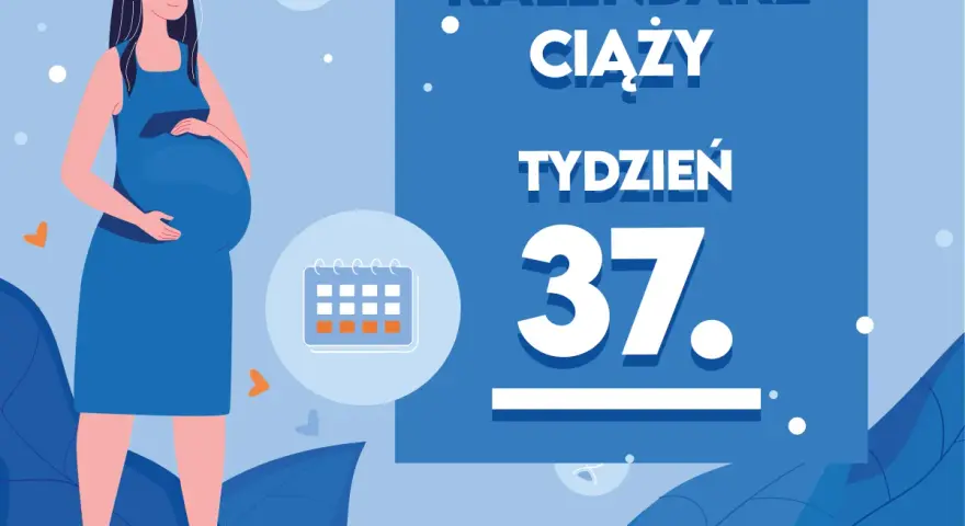 Kobieta w niebieskiej sukience, w 37 tygodniu ciąży, z kalendarzem.