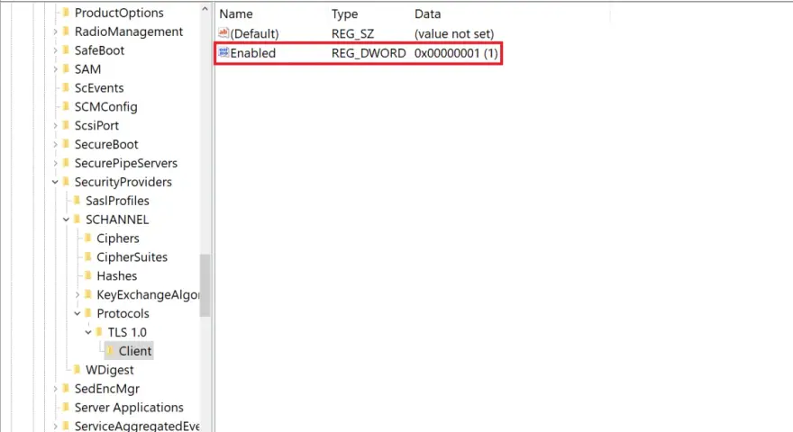 Registry Editor shows the "Enabled" DWORD value set to 1 under TLS 1.0\Client, indicating that TLS 1.2 is enabled.