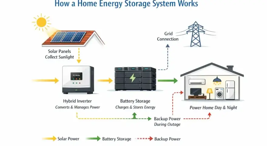 Schemat działania domowego magazynu energii. Jak długo wystarczy magazyn energii 10kw? System obejmuje panele słoneczne, falownik hybrydowy, magazyn bateryjny i zasilanie domu.