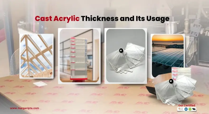 Collage showcasing cast acrylic uses: a sunlit atrium roof, acrylic thickness samples in a holder, a fan of acrylic swatches, and a modern pier with a transparent canopy at sunset.