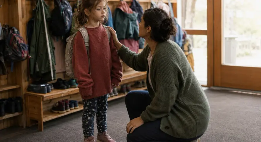 Ein Elternteil tröstet ein Kind, das mit Rucksack und Jacke bereitsteht. Die Kinder Trennung Eltern ist ein emotionaler Moment.