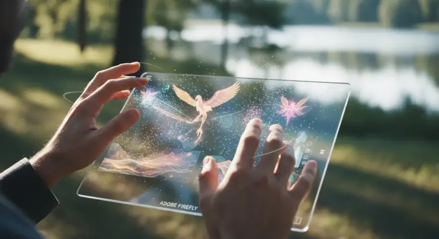 Ręce trzymają przezroczysty tablet, na którym **Adobe Firefly** tworzy magiczne, świetliste stworzenia, jak ptak i ważki, na tle natury.