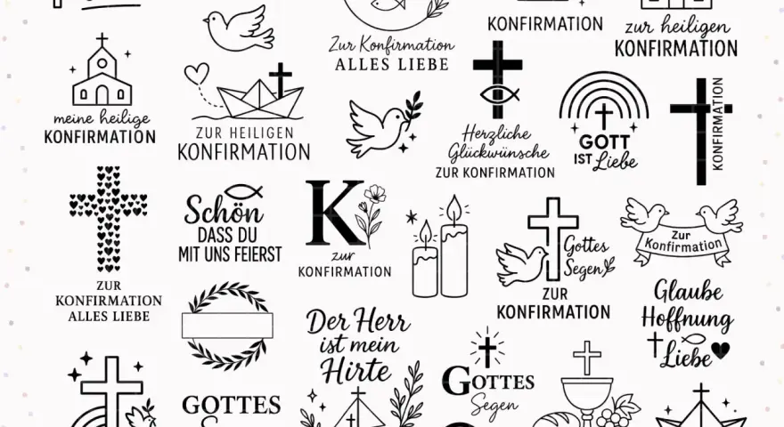 Viele evangelische Symbole für die Konfirmation: Kreuze, Tauben, Kirchen, Schiffe, Kerzen, Regenbogen, Kelch, Brot, Trauben.