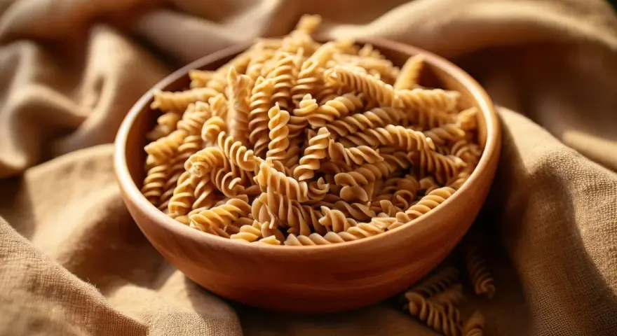 Misternie skręcone fusilli z kukurydzy w drewnianej misce. Makaron bezglutenowy kukurydziany kontra ryżowy – wybór dla zdrowia.