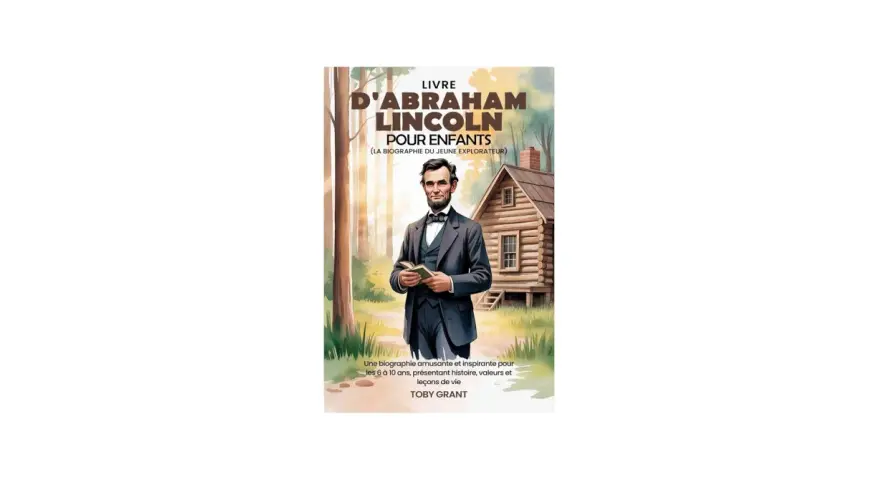 Livre pour enfants sur l'origine d'Abraham Lincoln, le montrant jeune devant une cabane en bois.