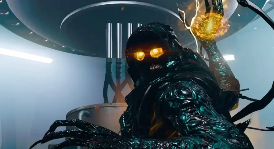 Criatura oscura con ojos brillantes, garras afiladas y energía en su mano, lista para la acción en Black Ops 6.