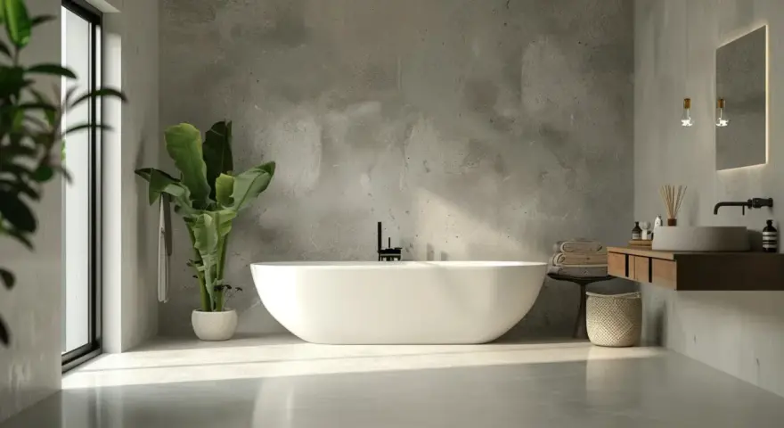 Bagno moderno con vasca freestanding e lavabo sospeso. Le pareti effetto resina creano un'atmosfera zen.