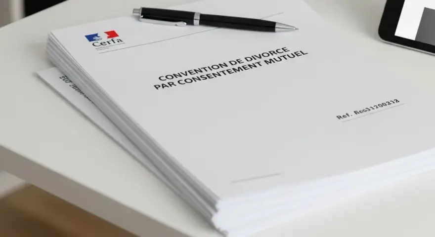 Un formulaire CERFA pour une convention de divorce par consentement mutuel, prêt à être rempli.