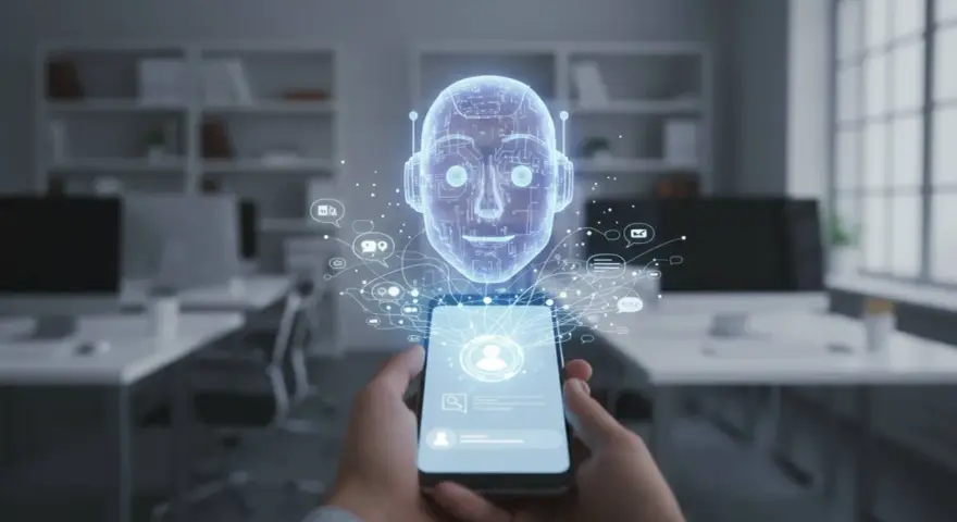 Dłoń trzyma smartfon, z którego wyłania się holograficzna głowa robota. To zaawansowany chatbot, otoczony ikonami komunikacji, gotowy do rozmowy.
