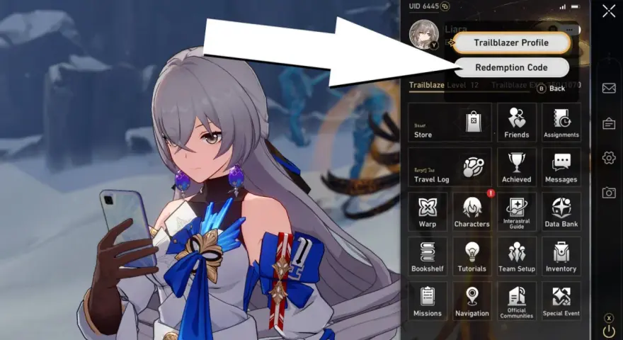 Interfaz de Honkai Star Rail con opción "Redemption Code" para canjear códigos.