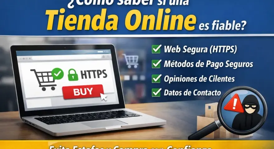 Laptop muestra cómo identificar una web fiable: HTTPS, pagos seguros, opiniones y datos de contacto. ¡Compra con confianza!
