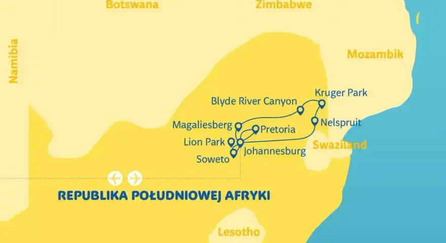 Mapa turystyczna Republiki Południowej Afryki z zaznaczonymi miastami: Johannesburg, Pretoria, Soweto, Kruger Park i innymi.