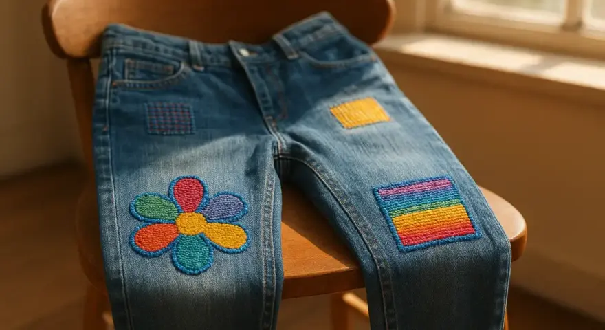 Jeans decorati con toppe colorate: un fiore, un arcobaleno e quadrati. Un'idea creativa per come rattoppare i jeans e renderli unici.