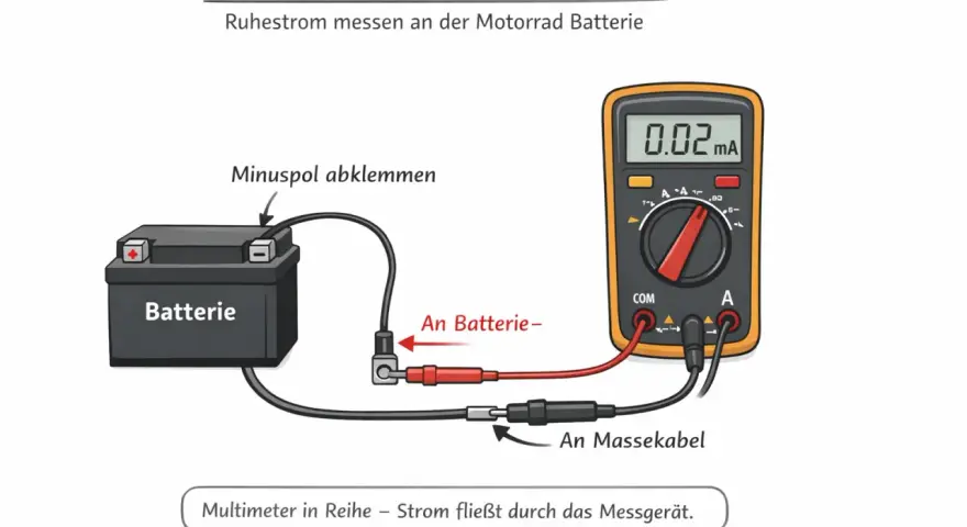 Misurazione del voltaggio batteria moto a riposo: un multimetro collegato in serie alla batteria mostra 0.02 mA.