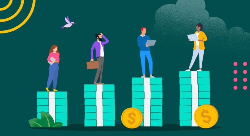 Personas en pilas de dinero, un ejemplo de competencia monopolística.