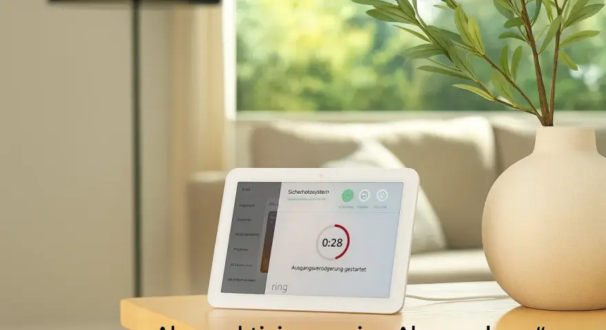 Ein Smart Display zeigt die Benutzeroberfläche eines Sicherheitssystems mit dem Ring-Logo. Alexa steuert das System, das über Zigbee kommuniziert.
