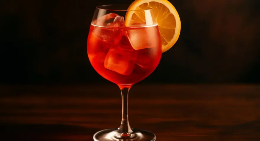En Campari Spritz med is och en apelsinskiva, perfekt för en solig dag.