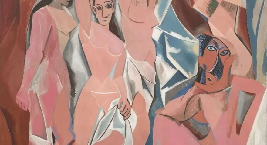 Les demoiselles d'Avignon : cinq femmes aux formes cubistes, certaines nues, dans une composition audacieuse.