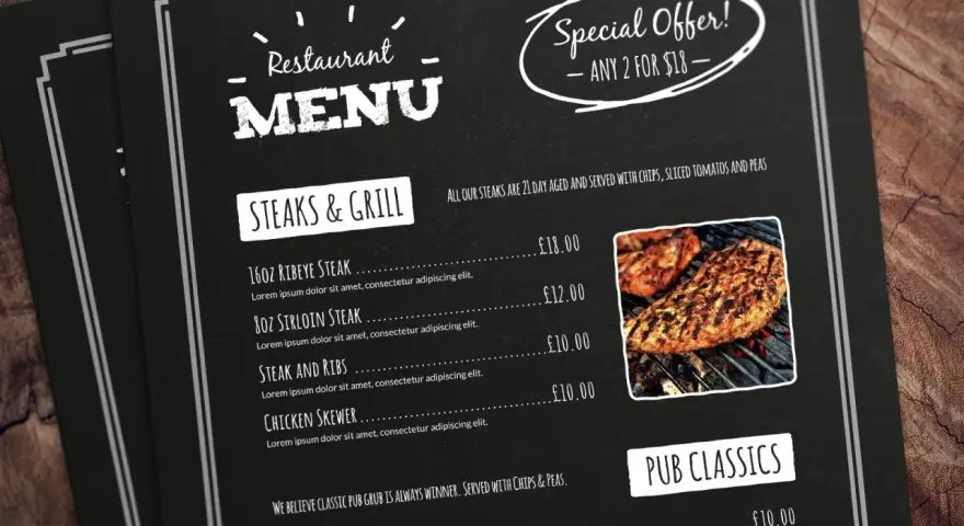 Menú de restaurante con "Steaks & Grill" y "Pub Classics". La **menu engineering** se refleja en la oferta especial "2 por $18".