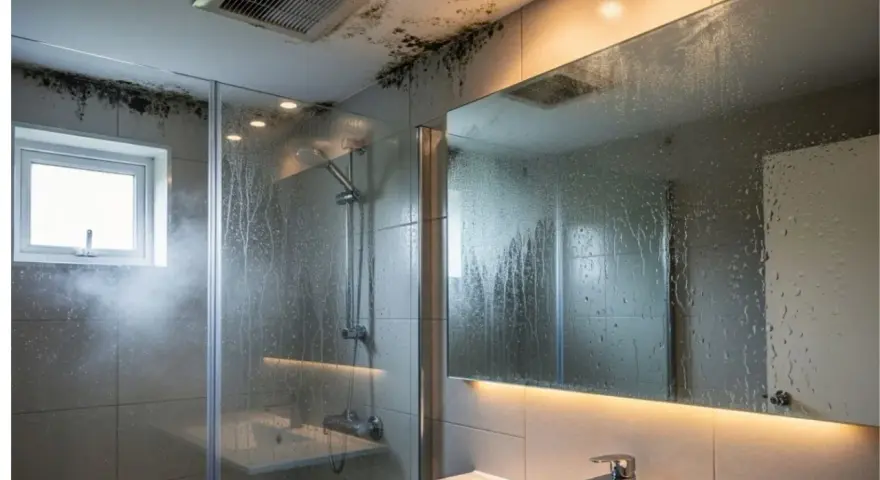 Salle de bain avec moisissures au plafond, signe d'une mauvaise ventilation. Une VMC salle de bain norme est essentielle pour éviter ces problèmes.