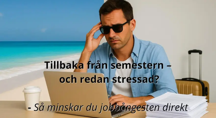Tillbaka efter semestern och redan stressad? Mannen med solglasögonen på kontoret med en strandbild som bakgrund.