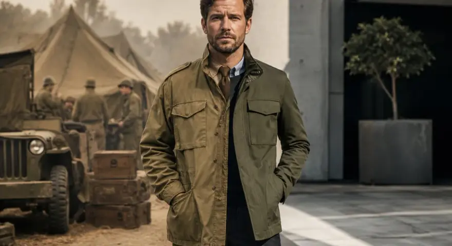 Un uomo indossa una field jacket, un capo iconico che unisce stile militare e moderno. Sullo sfondo, un campo militare con tende e jeep.
