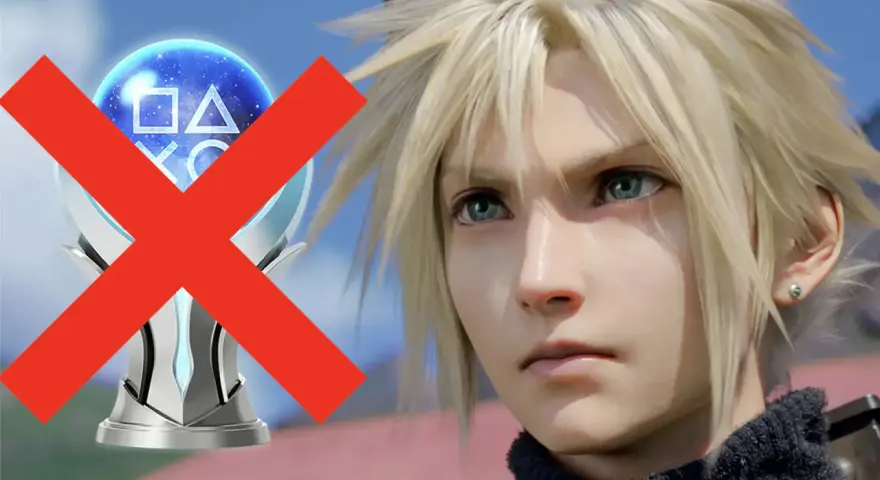 Cloud Strife mira al frente, con un trofeo de platino de Final Fantasy VII Remake tachado con una X roja.