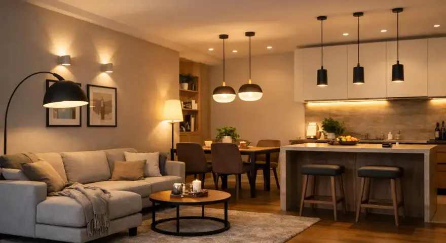 Illuminazione soffusa in soggiorno e cucina: quanti lumen in cucina per creare un'atmosfera accogliente. Lampade a sospensione, da terra e applique creano un ambiente caldo.