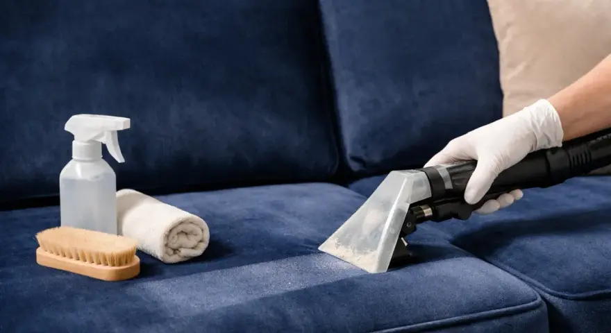 Nettoyer tache canapé velours : un aspirateur extrait la saleté d'un tissu bleu. Brosse, serviette et spray à proximité.