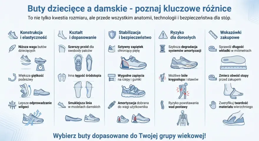 Porównanie butów dziecięcych i damskich: budowa, kształt, stabilizacja, ryzyko dla dorosłych, wskazówki zakupowe. Poznaj części buta i nazwy.