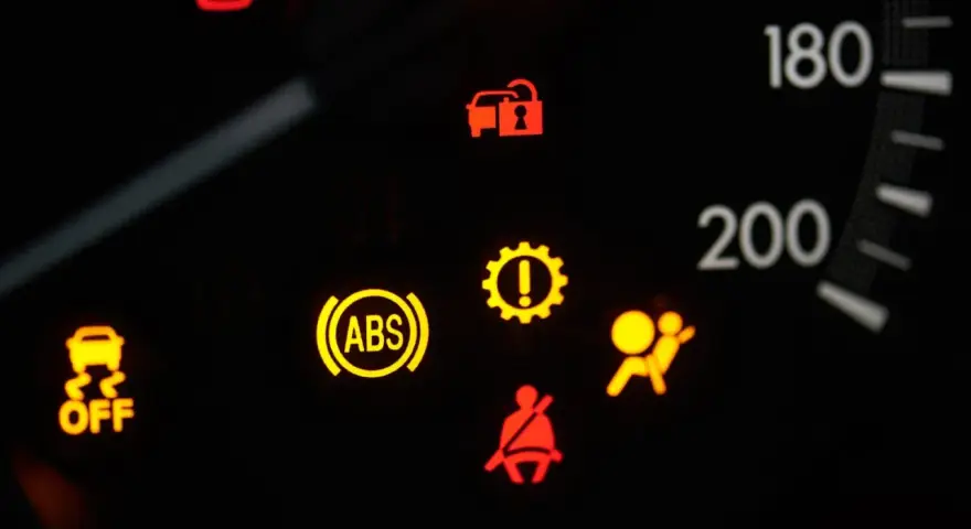 Kontrolka samochód z kluczem Opel Astra świeci się, obok ABS i poduszki powietrznej.