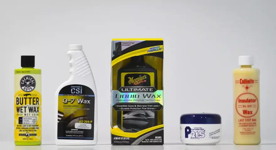 Comparing liquid wax vs paste wax: Chemical Guys Butter Wet Wax, CSI Q-7 Wax, Meguiar's Ultimate Liquid Wax, P21S Carnauba Wax, and Collinite Insulator Wax.