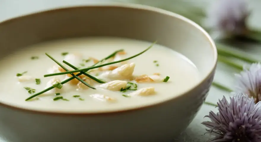 Un bol de velouté d'asperges blanches, garni de brins de ciboulette et de morceaux d'asperges. Des fleurs d'ail ornent le bord.