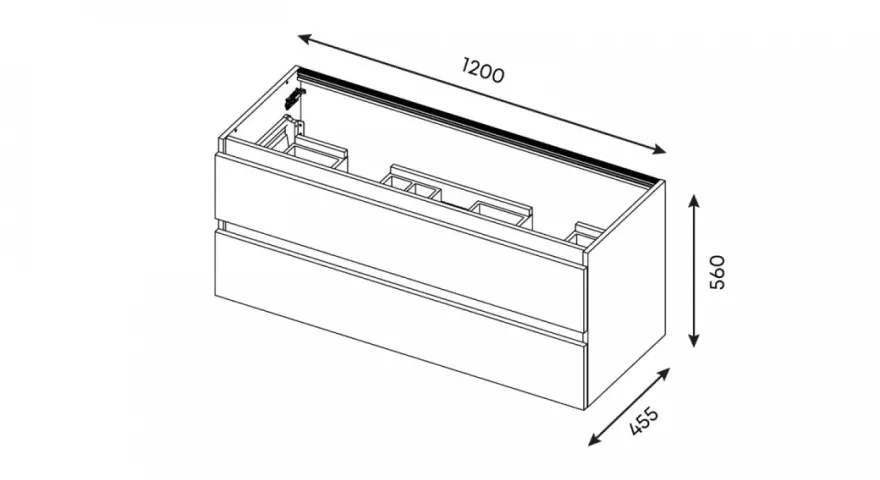Meuble de salle de bain avec deux tiroirs. Dimensions : 1200 mm de largeur, 560 mm de hauteur et 455 mm de profondeur.