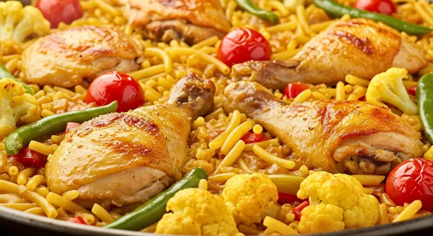 Deliciosa fideuà de pollo con trozos dorados de pollo, fideos finos, tomates cherry, pimientos verdes y coliflor.