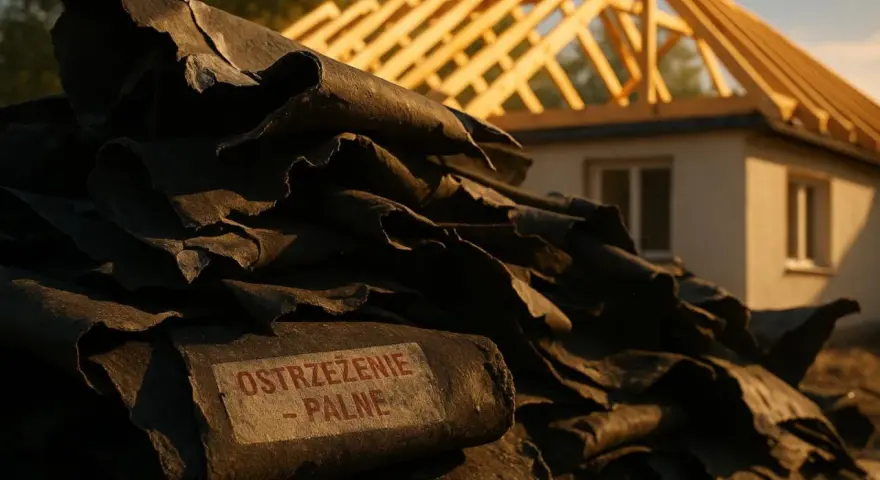 Stos starych pap dachowych z napisem "OSTRZEŻENIE - PALNE" na tle budowy domu.
