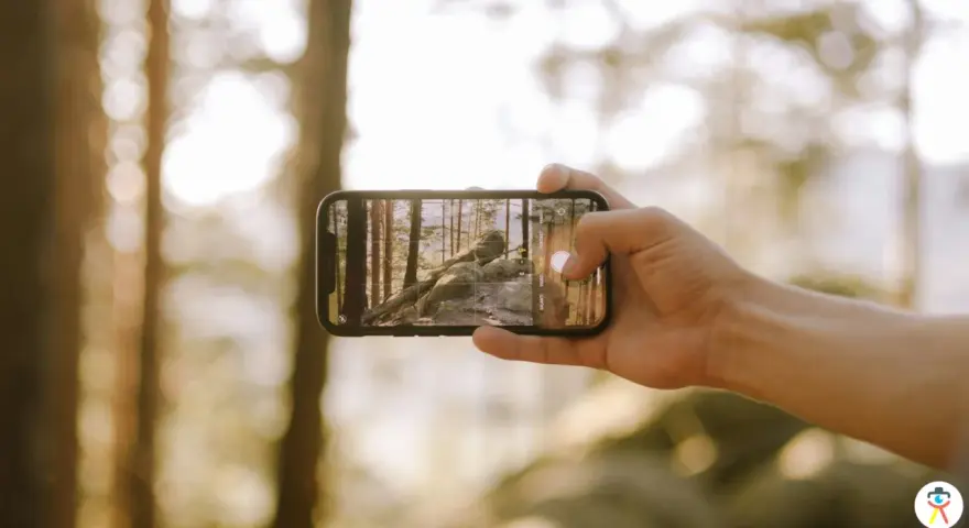 Main d'une personne tenant un smartphone pour prendre une photo d'un paysage forestier avec des rochers et des arbres.