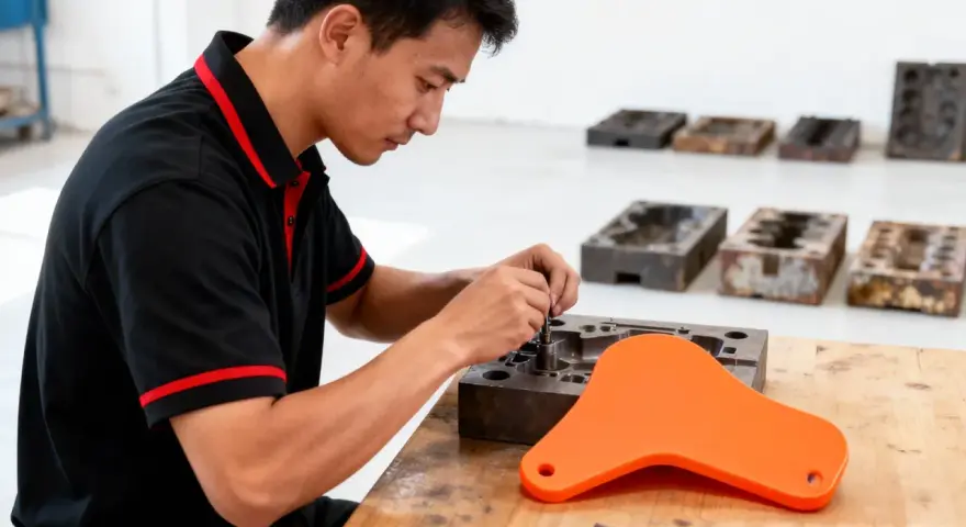 A technician works on a mold, a key step in rapid tooling.
